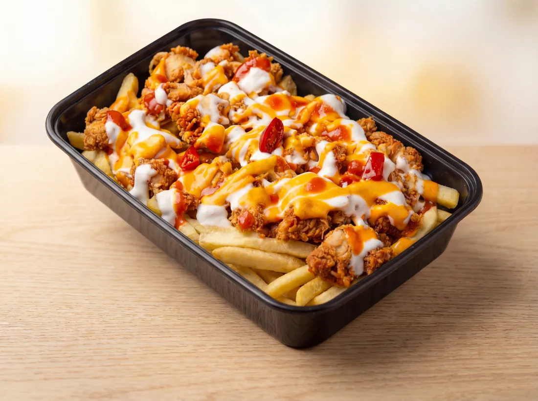 Zinger on Stixx: crispy chicken on fries with cheese sauce, mayo and chilli